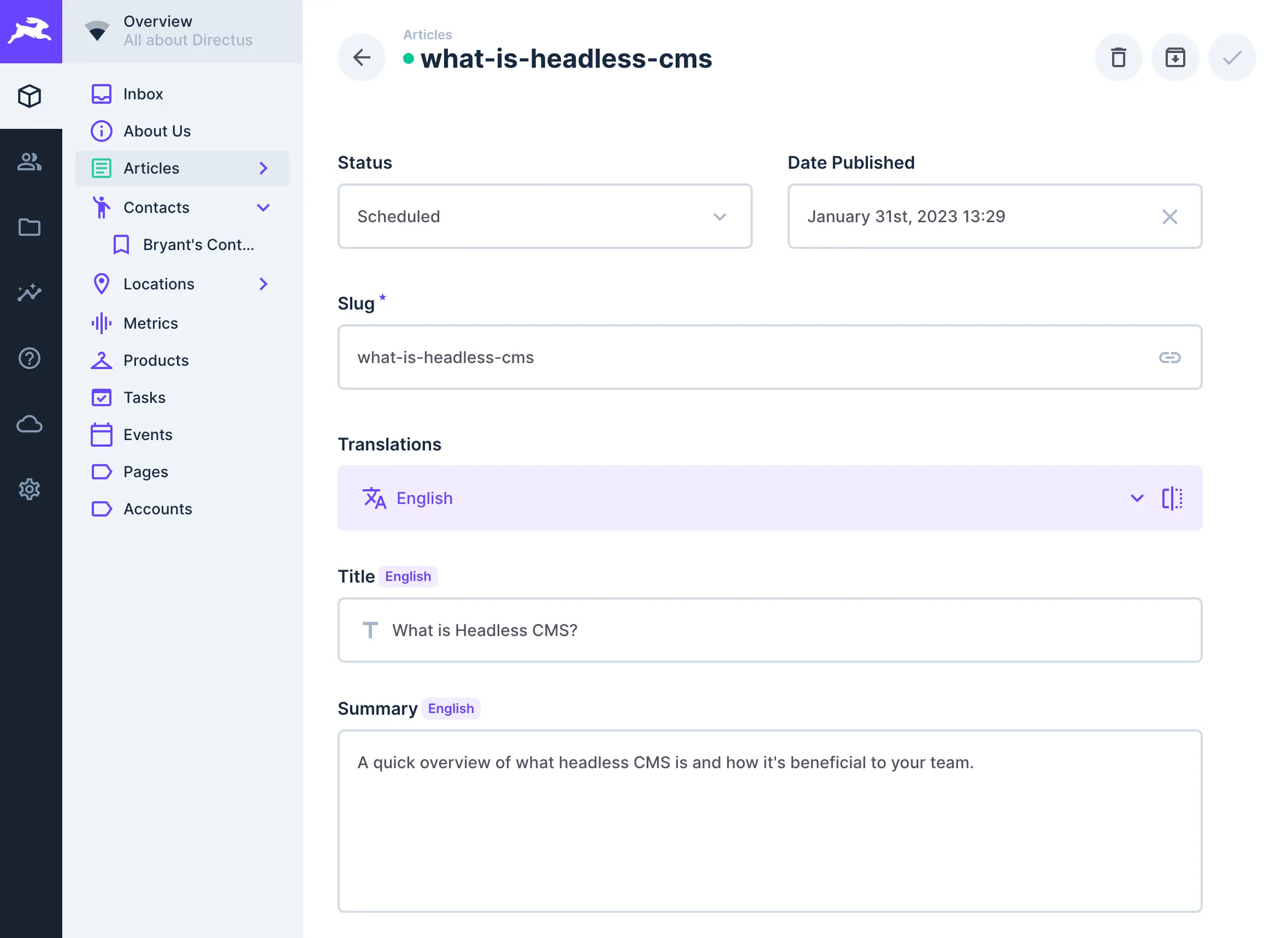 A content item within the Articles collection is shown. The title is "What is Headless CMS?". English translations are also shown with a Summary field. The Summary reads "A quick overview of what Headless CMS is and how it's beneficial to your team."