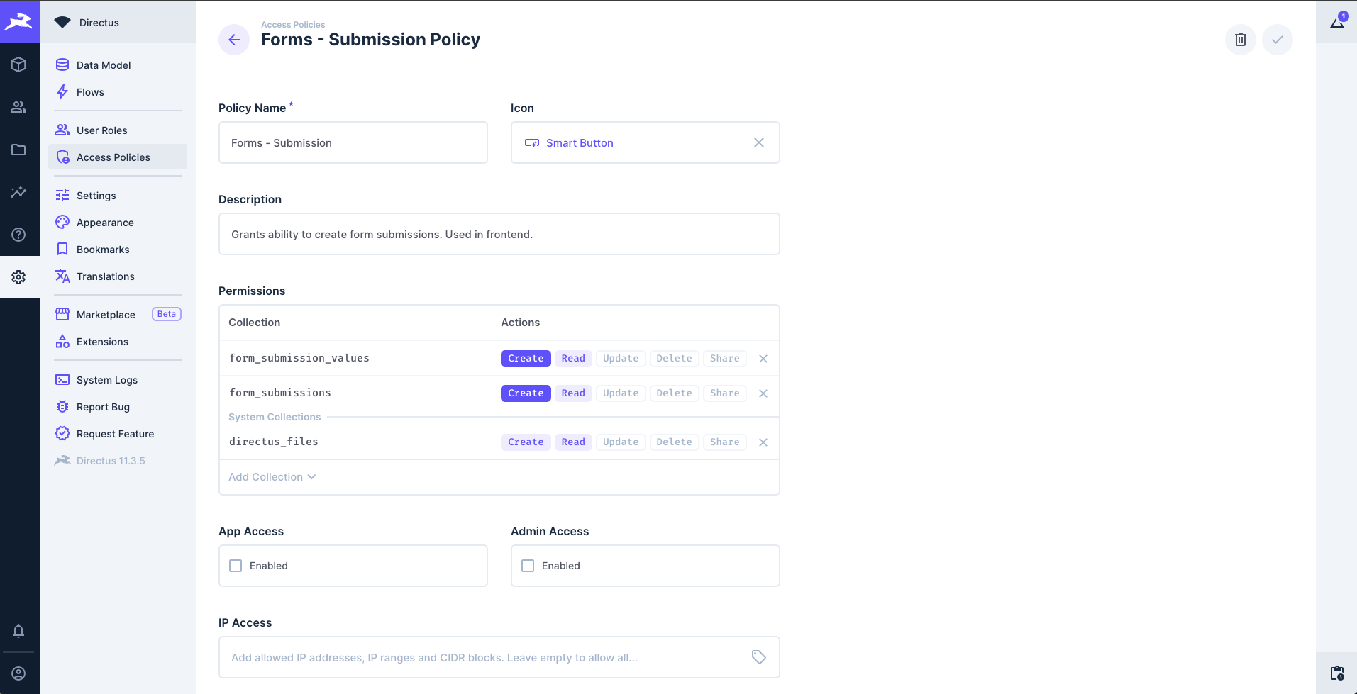 Directus form submission role