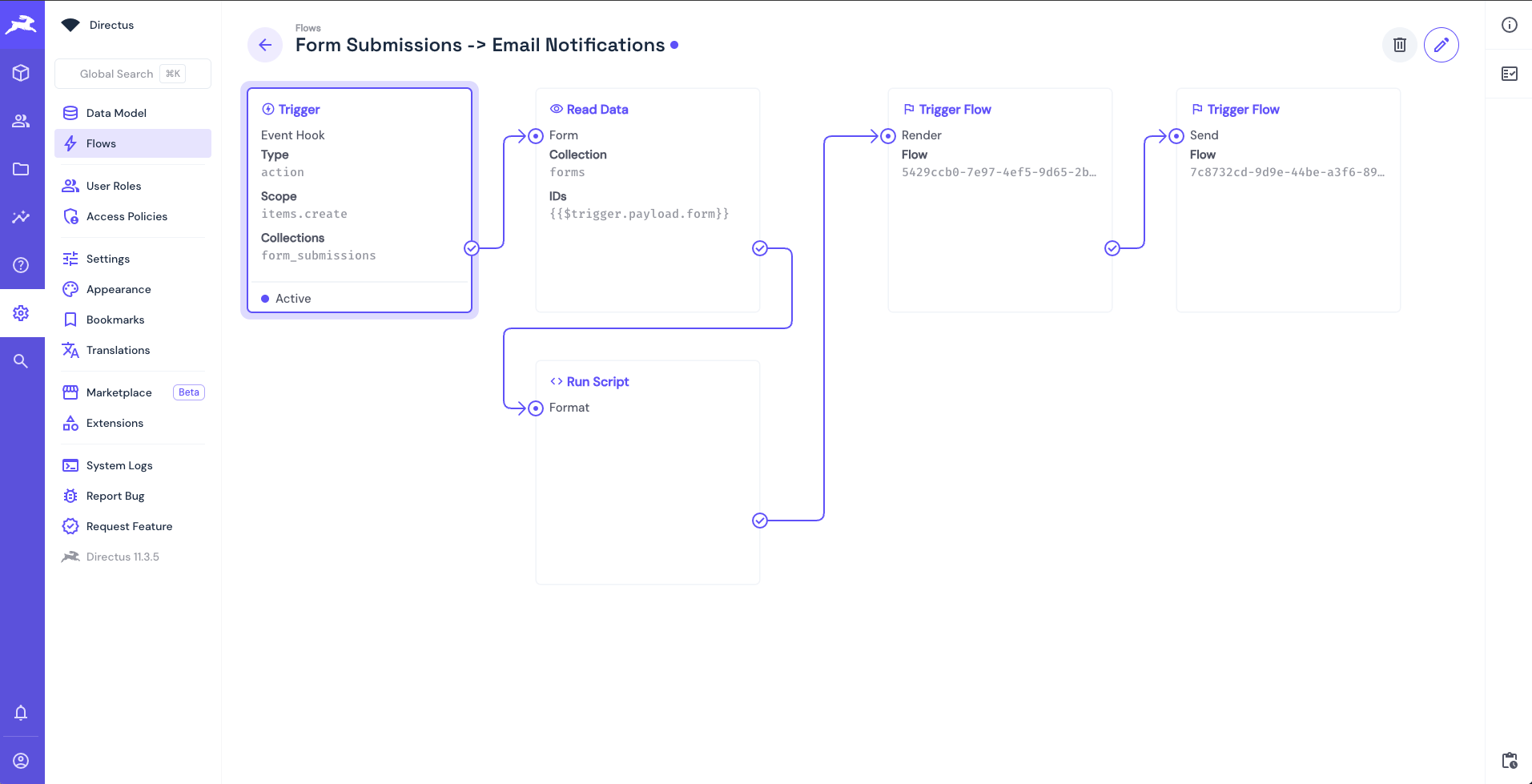 Directus email form submission flow